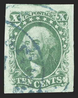 14, 10c Green, Ty. II, a most impressive used single, possessing four extraordinarily large margins, rich color and a sharp impression, light blue c.d.s. cancel, extremely fine
a lovely used gem 1986 PF certificate ex-Welling.