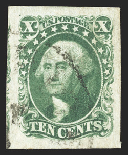 14, 10c Green, Ty. II, enormously large and well balanced margins all around, bright color, unusually light c.d.s. town cancel, extremely fine and choice 1984 PF
certificate.