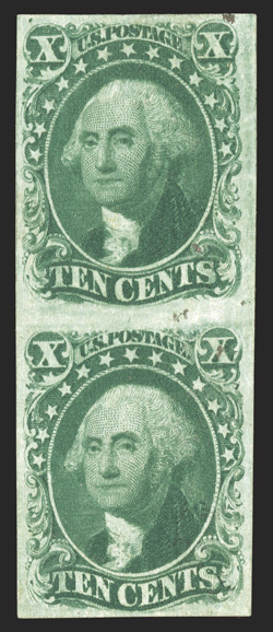 14-15, 10c Green, Ty. II and Ty. III se-tenant pair, vertical pair, the top stamp Type II and the bottom stamp Type III, strong color and impression, some original gum but
partially regummed, a couple stray ink marks made since the certificate w