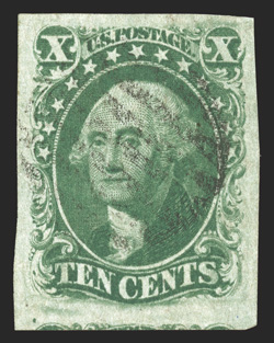 15, 10c Green, Ty. III, used, very large margins all around, fresh color, light grid cancel, extremely fine 1983 PF certificate.