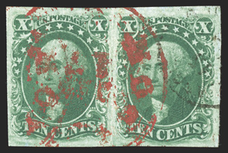 15, 10c Green, Ty. III, an incredibly beautiful horizontal pair, featuring large margins all around, rich color and a crisp impression, cancelled by a red c.d.s. in an
unusually deep and vibrant shade, also a bit of a black postmark at right