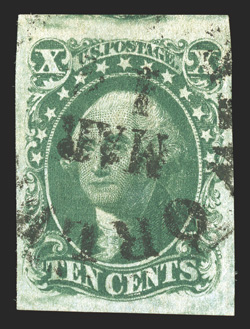 16, 10c Green, Ty. IV, recut at bottom, handsome used example of this scarce stamp, with exceptionally large margins around, rich bright color, rimless New Orleans c.d.s.
postmark, extremely fine not often encountered so well margined 1986 PF