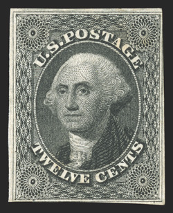 17, 12c Black, a rarely offered mint single, mostly ample to full margins, just touching the frame lines in a couple places, deep color and an intense impression, full original
gum, very fine 1989 PF certificate.