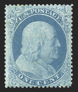 18, 1c Blue, Ty. I, position 85R12, brilliantly fresh mint single, with far better centering and larger margins than typically encountered on this challenging stamp, rich color
and a strong characteristic Plate 12 impression, the reverse is espe