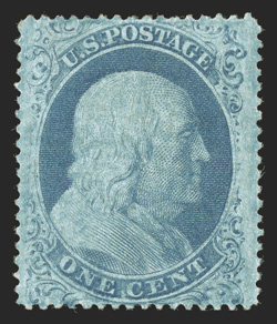 22, 1c Blue, Ty. IIIa, a gem mint example from plate 11, showing a distinctive double transfer, possessing outstanding centering amid extravagantly large margins which are
atypical of this issue and can be rightfully described as jumbo, luxu