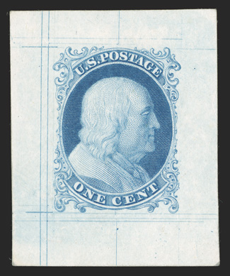 5P1, 1c Blue, large die proof on India, on 32x40mm card, showing the Type I characteristics and layout lines from the die, brilliantly fresh, extremely fine an important
showpiece for the One Cent 1851-57 specialist, as only two such large di