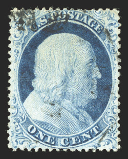 23, 1c Blue, Ty. IV, extraordinarily well centered, lovely rich color and a well incised impression on bright paper, light face-free cancel, extremely fine a terribly difficult
stamp to find in this premium used condition 1987 PF certificate<