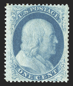 24, 1c Blue, Ty. V, uncommonly well centered within especially wide margins, lovely bright color, full o.g. that is never hinged, extremely fine 1987 PF certificate for a block
of four, this being the bottom left stamp.