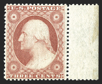 26, 3c Dull red, Ty. III, handsome right sheet-margin single, exceedingly well centered and margined, strong rich color, unblemished o.g., never hinged, extremely fine a lovely
gem 1989 PF certificate.