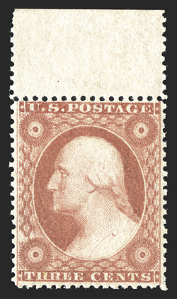 26, 3c Dull red, Ty. III, pristine top sheet-margin mint single, wonderfully fresh, with intense color, uncharacteristically well centered with its perforations clearing the
design all around, o.g., never hinged., extremely fine photocopy of a