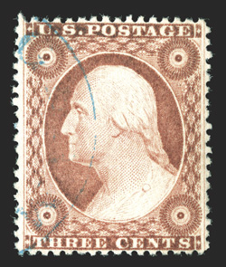 26 var., 3c Brownish carmine, Ty. III, a gorgeous used example of this highly distinctive and Scott listed shade variety, being in extraordinary quality, fabulously well
centered within large margins, sumptuously rich color and a well incised im