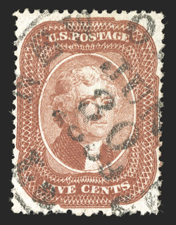 27, 5c Brick red, Ty. I, premium quality used single, wonderfully well centered and margined, lovely bright color and a well defined impression, neat New Orleans 1859 c.d.s.
cancel, extremely fine 1980 PF certificate.