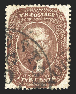 28, 5c Red brown, Ty. I, a most attractive used example that features outstanding centering within wider margins than typically found, rich luxuriant color and a highly
detailed impression, cancelled by both a black c.d.s. and a red transit