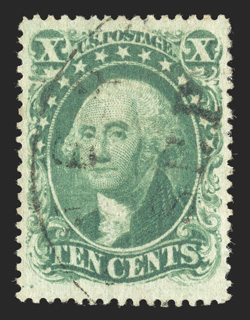 31, 10c Green, Ty. I, a fabulous used example of this always challenging stamp, being incredibly well centered amid enormous margins for this issue, lovely bright color and a
wonderful impression, fully intact perforations all around, unusually