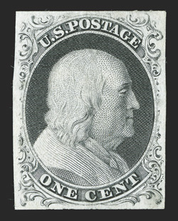 7TC5, 1c Franklin trial color plate proof in Black on wove, full margins, fresh color and paper, tiny stains on back only, plus a minute scissor cut in the bottom left corner
(not mentioned on the accompanying certificate and mentioned by us onl