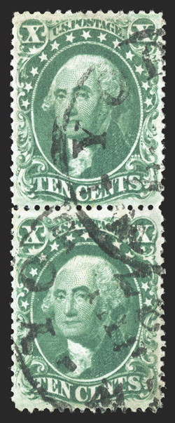 32-33, 10c Green, Ty. II, Ty. III se-tenant pair, vertical pair, the top stamp being Type II, bottom stamp Type III, exceptionally well centered and with deep color, c.d.s.
town cancels, top stamp with trivial creasing, otherwise extremely fine