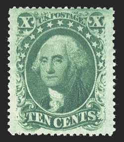35, 10c Green, Ty. V, excellent centering within remarkably wide margins, deep intense color and impression, o.g., lightly hinged, extremely fine 1985 PF
certificate.
