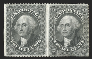 36c, 12c Black, plate 1, horizontal pair, imperforate between, used, with just a faint trace of a cancel, some clipped perfs, creases, a closed tear and tiny pinholes, overall
a presentable example of this important error rarity believed to b