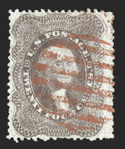 37 var., 24c Red lilac, offered here is the only recorded and certified example of the Twenty Four Cent value in Red lilac, with strong color in this distinctive shade,
cancelled by a red grid, some perforation irregularities, otherwise very