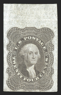 37c, 24c Lilac, imperforate, top sheet-margin single, other margins also quite large, strong rich color and a sharp impression, horizontal crease in the top margin only far
away from the design (could be trimmed, still leaving a huge margin), ch