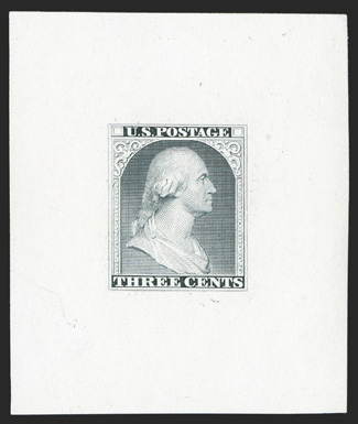 11-E4d, Gavit & Co., 3c Black die essay on ivory glazed paper, 47x55mm, bright and fresh, very fine.