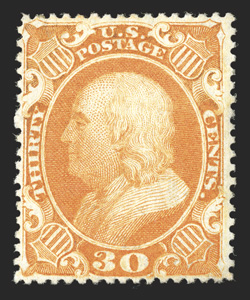 38, 30c Orange, nicely centered and margined, strong color, full clean o.g., lightly hinged, choice very fine 1991 PF certificate.