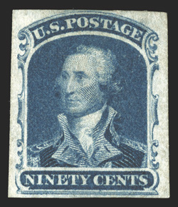 39a, 90c Blue, imperforate, full margins around, deeply rich color, tiny thin speck in the left margin, otherwise very fine an exceedingly rare imperforate that is virtually
unobtainable as a pair clear 1960 PF certificate.