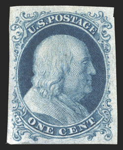 40a, 1c Bright blue, imperforate, without gum as issued, large margins all around, strong color on fresh paper, very fine and extraordinarily scarce 1987 PF
certificate.