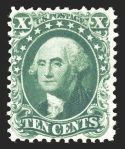 43, 10c Blue green reprint, without gum as issued, deep vibrant color on bright fresh paper, reasonably well centered, very fine only 516 sold 1976 PF
certificate.