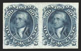 62a, 90c Blue August, imperforate, horizontal pair, large margins all around, unused, without gum as always the case, beautiful color that is especially deep and intense,
extremely fine an incredibly rare imperforate pair, as our records indi