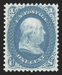 63, 1c Blue, pristine mint single, possessing a wonderful overall freshness, with rich color on crisp white paper, excellent centering as well, unblemished o.g., never hinged,
extremely fine select never hinged examples of this stamp are few an
