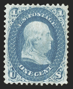 63b, 1c Dark blue, a gem mint example of this very scarce and distinctive shade variety, flawlessly centered within large margins, luxuriously rich color and a razor-sharp
impression on fresh crisp paper, full clean o.g., lightly hinged, extreme