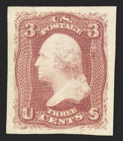 65c, 3c Rose, imperforate, single with four large margins, impressively rich color, o.g., n.h., extremely fine photocopy of a 1991 PSE certificate for a strip of three, this
being the left stamp catalogs $1,000.00 as a hinged pair.