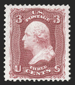 66, 3c Lake, well centered within unusually large margins, brilliantly rich color and a well defined impression, o.g., lightly hinged, a very fine example of this rare trial
printing 1981 PF certificate.