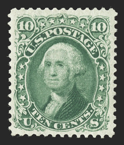 68, 10c Yellow green, a highly desirable mint example, featuring excellent centering amid very large margins which are most uncharacteristic, bright fresh color, o.g., lightly
hinged, extremely fine 1989 PF certificate.
