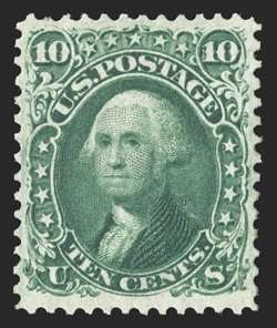 68, 10c Green, exceptionally well centered and margined, deep color in what we believe to be the Green color, though the certificate lists it as the generic yellow green shade,
o.g., lightly hinged, extremely fine 1989 PF certificate.
