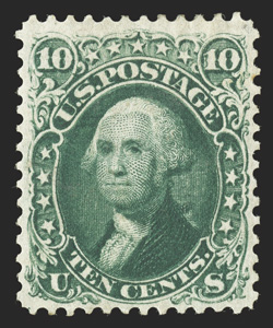 68a, 10c Dark green, intensely rich color and a sharp detailed impression, nicely centered, o.g., very fine an elusive color variety 1986 PF certificate as the generic 68, and
a 2001 PF certificate specifically listing it as 68a dark green<