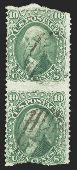 68b, 10c Yellow green, imperforate horizontally, vertical pair, separated roughly at top and bottom, bright color, light grid cancels, tiny tear between stamps, a presentable
example of one of the rarest errors in United States classic philately