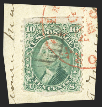 68b, 10c Yellow green, imperforate horizontally, single tied to piece by black grid and red transit postmark, irregular separation as always, small crease and a small closed
tear at right, fine appearance as noted in the previous lot, there a