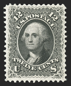 69, 12c Black, a pristine and highly select mint example, being in a condition that is terribly challenging to find, featuring outstanding centering within large margins, truly
prooflike color and crisp detailed impression contribute to its over