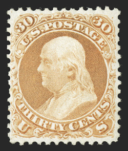 71, 30c Orange, a superlative mint example of one of the 19th centurys most difficult stamps, possessing several exceptional eye-arresting physical qualities, including being
incredibly well centered, especially when compared to most examples w