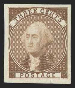 11-E5c, Bradbury, Wilkinson & Co. 3c Brown essay on stiff bond, usual stamp size with large margins, strong color, light horizontal crease and a small tear at bottom, very fine
appearance 1992 PF certificate.
