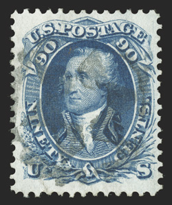 72b, 90c Dark blue, a premium used example of this especially difficult color, wonderfully well centered amid large margin, intense prooflike color and impression on fresh
white paper, a light and perfectly centered six-point star cancel fur