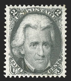 73, 2c Black, a magnificent mint example of this popular stamp, being impeccably well centered within lavishly wide margins, plus its color in uncommonly fresh on pristine
white paper, o.g., lightly hinged, extremely fine an extraordinarily cho