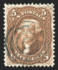 75, 5c Red brown, lovely used example, not only being remarkably well centered, but also possessing gorgeous resplendent color and a sharp detailed impression, light target
cancel, extremely fine gem 1994 PF certificate.