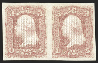 83a, 3c Rose, C Grill, imperforate, horizontal pair, large margins all around, strong fresh color, an especially well defined grill impression, full o.g., lightly hinged,
extremely fine rare in any condition, but particularly so this choice