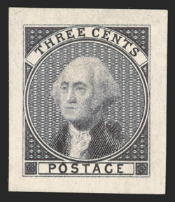 11-E5c, Bradbury, Wilkinson & Co. 3c Violet black essay on stiff bond, stamp size with particularly large margins measuring 25x30mm, deeply rich color and a sharp detailed
impression, extremely fine a rare proof, being even more so in this outs