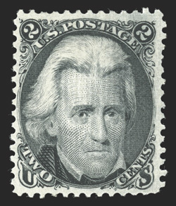 87, 2c Black, E grill, well centered within much larger margins than typically associated with this stamp, strong color and an intense impression, well defined grill, full
o.g., lightly hinged, very fine 1992 PSE certificate ex-Burrows.