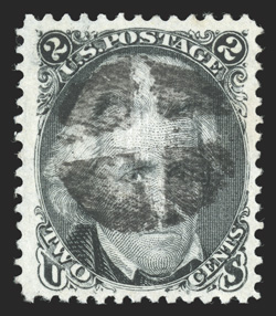 87, 2c Black, E grill, handsome used example that displays a marvelous prooflike impression on immaculate white paper, plus it is exceptionally well centered within
extravagantly large margins, neat quartered cork cancel, extremely fine 1991