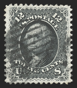 90, 12c Black, E grill, premium used single, exceedingly well centered within large margins, deep color and a razor-sharp impression, grid cancels, extremely fine 1985 PF
certificate.